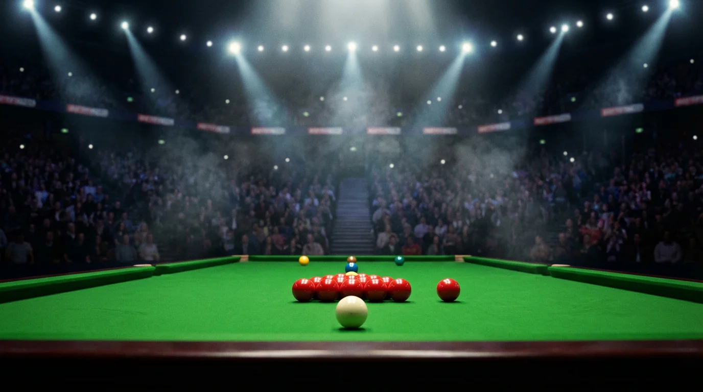 Masă de snooker profesionistă cu bile aranjate pentru spargere, fundal arena de competiție